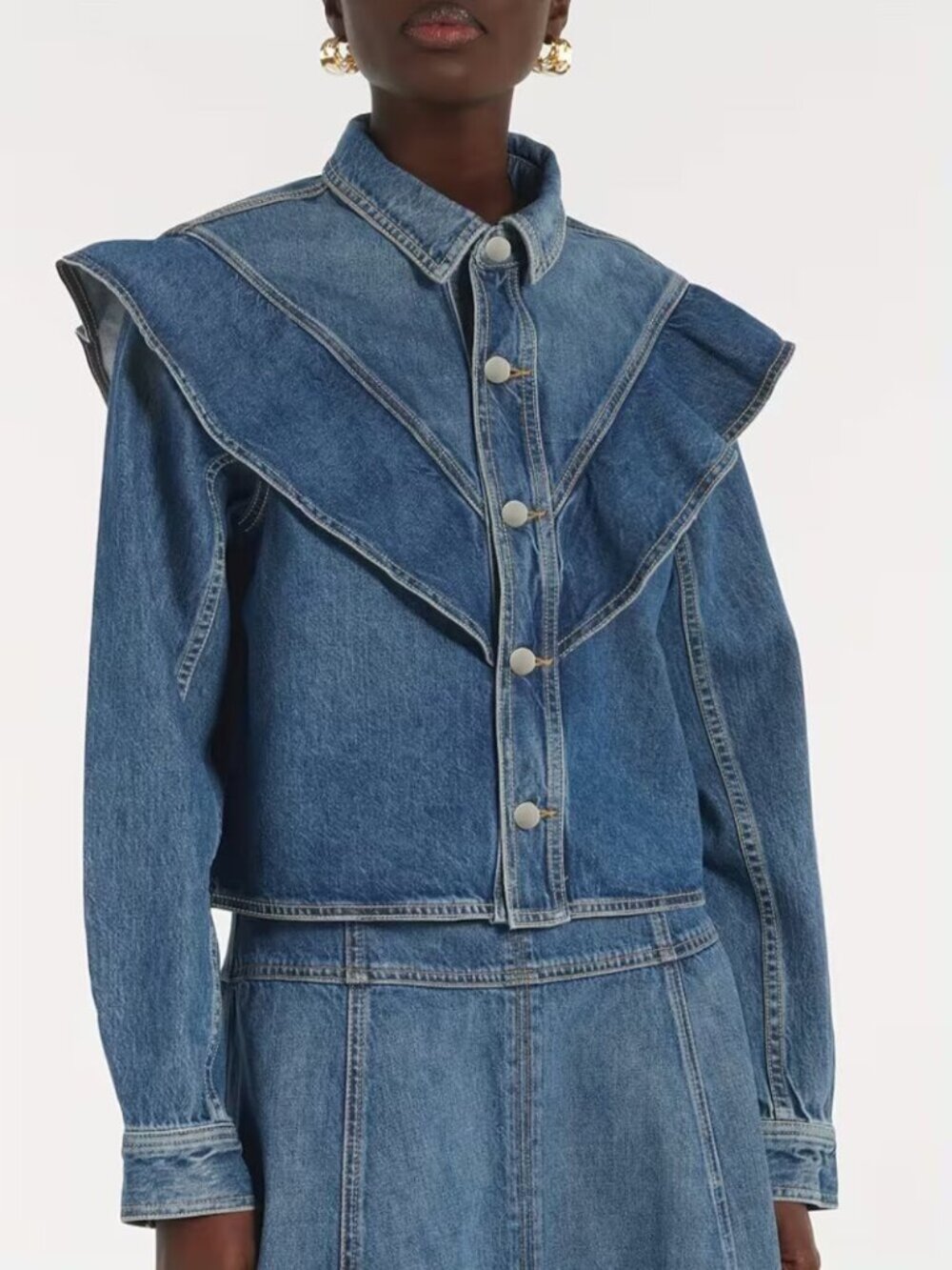 Ruffle Buttoned Denim Jacket - Picture 3 of 6